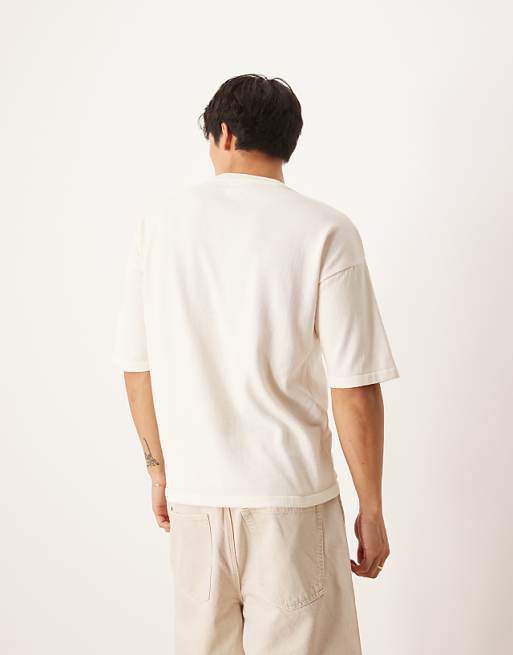 DESIGN Relaxed Knitted Crew Neck T-shirt With Chest Embroidery In White