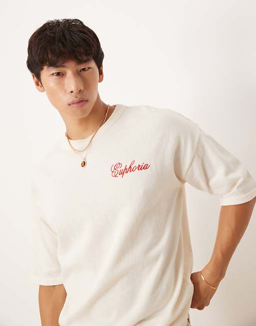DESIGN relaxed knitted crew neck t-shirt with chest embroidery in white
