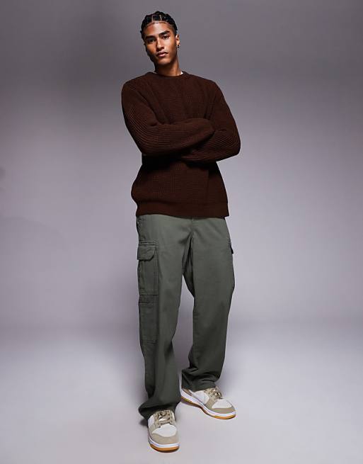 DESIGN Relaxed Knitted Fisherman Rib Jumper In Brown