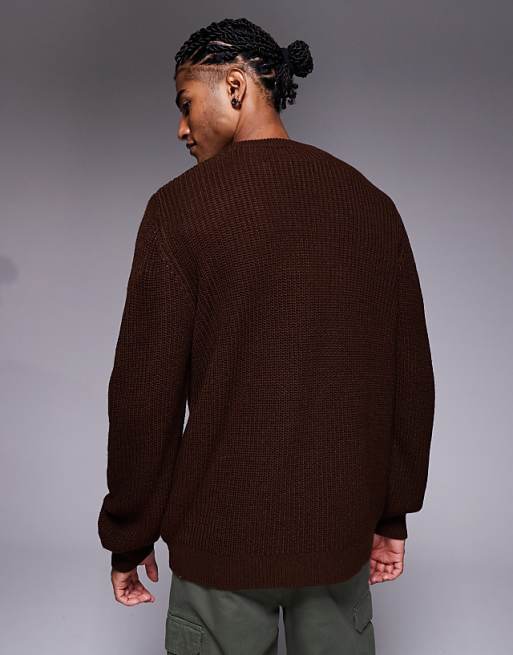 DESIGN Relaxed Knitted Fisherman Rib Jumper In Brown