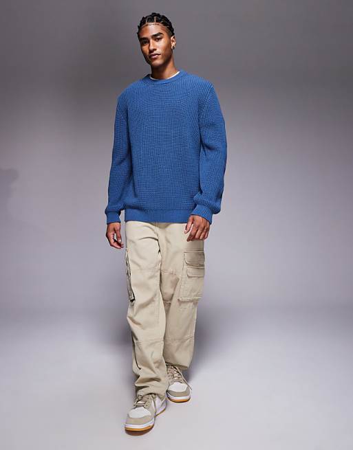 DESIGN Relaxed Knitted Fisherman Rib Jumper In Blue