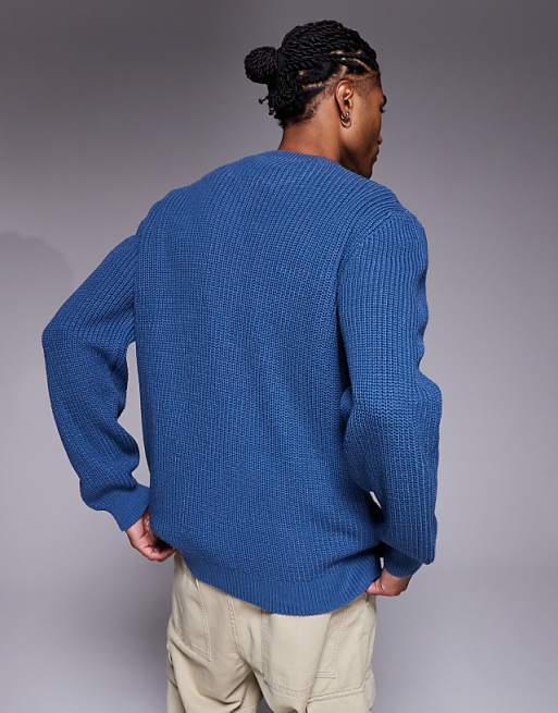 DESIGN Relaxed Knitted Fisherman Rib Jumper In Blue