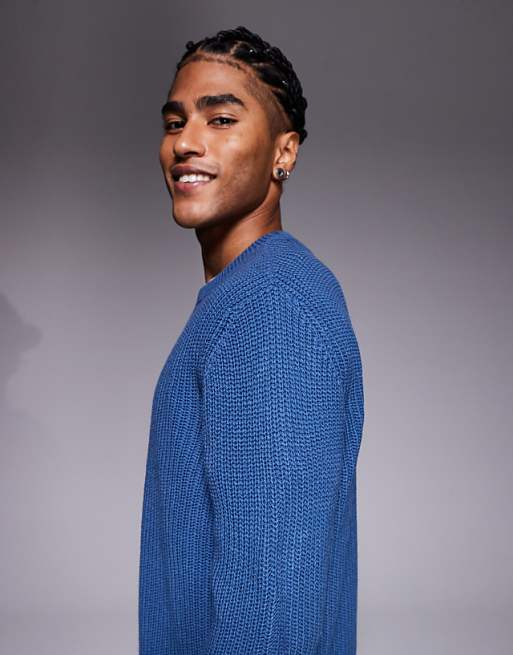 DESIGN Relaxed Knitted Fisherman Rib Jumper In Blue