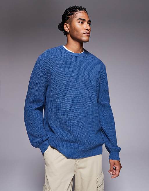DESIGN relaxed knitted fisherman rib jumper in blue