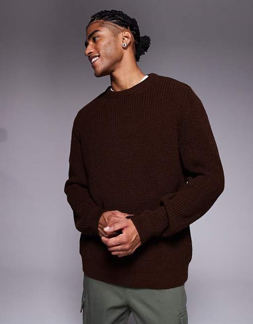 DESIGN relaxed knitted fisherman rib jumper in brown