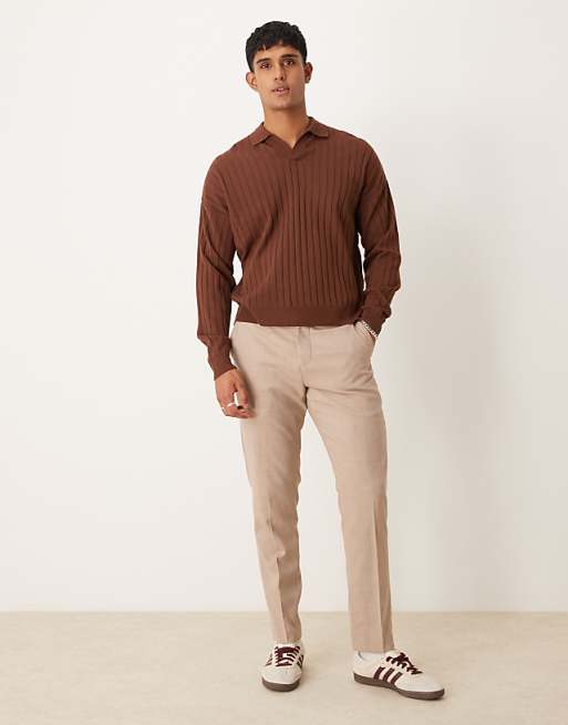 DESIGN Relaxed Knitted Fit Long Sleeve Ribbed Notch Neck Polo In Brown