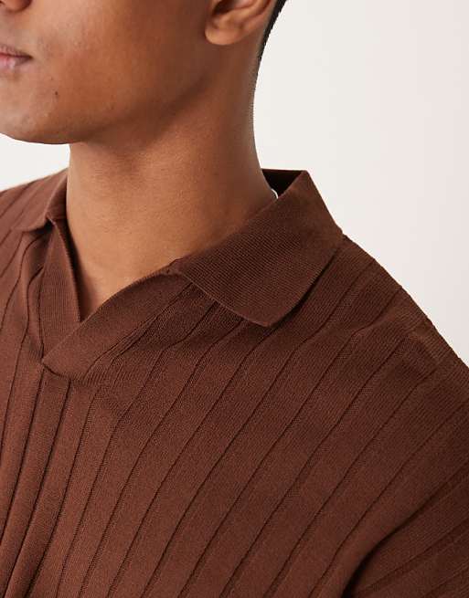 DESIGN Relaxed Knitted Fit Long Sleeve Ribbed Notch Neck Polo In Brown