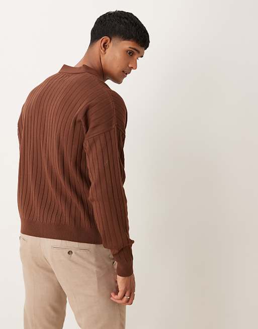 DESIGN Relaxed Knitted Fit Long Sleeve Ribbed Notch Neck Polo In Brown