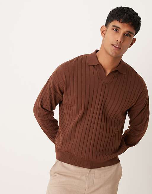 DESIGN relaxed knitted fit long sleeve ribbed notch neck polo in brown