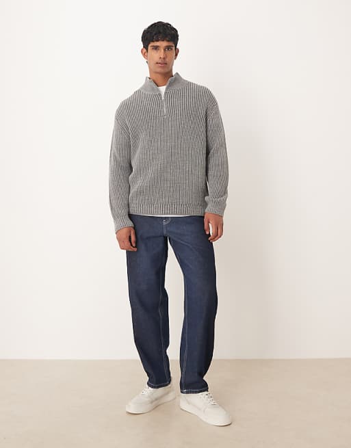 DESIGN Relaxed Knitted Half Zip Jumper In Grey