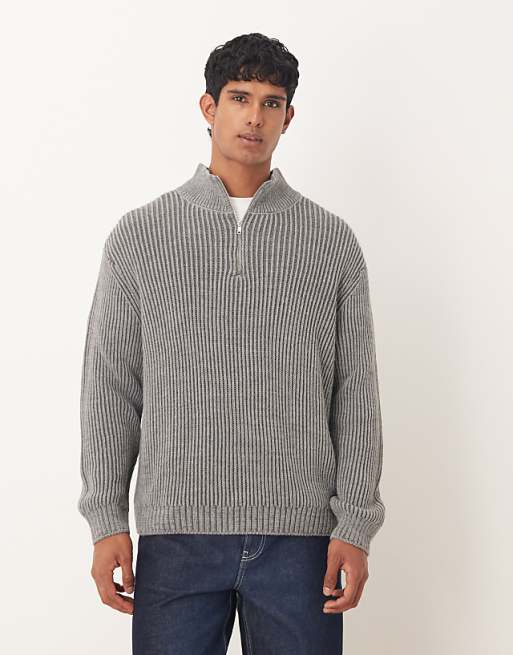 DESIGN relaxed knitted half zip jumper in grey
