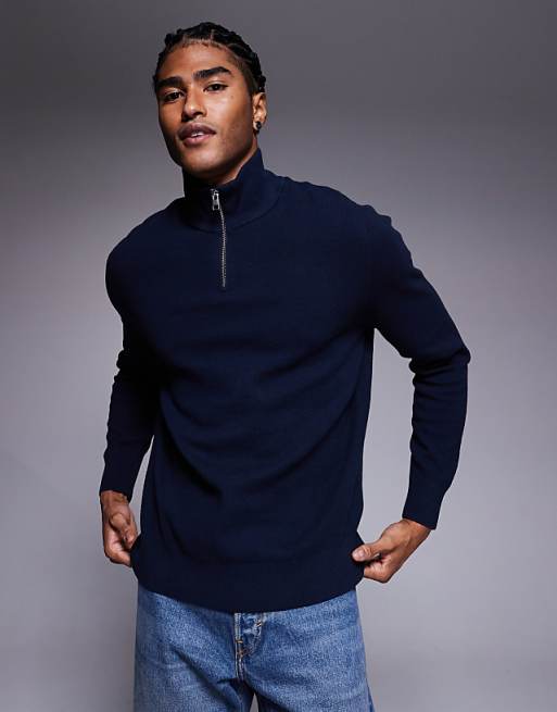DESIGN relaxed knitted half zip jumper in navy