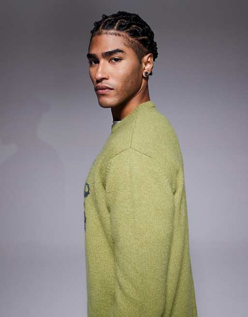 DESIGN Relaxed Knitted Jumper With Chest Embroidery In Khaki