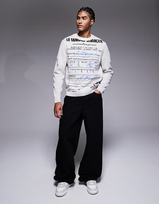 DESIGN Relaxed Knitted Jumper With Receipt Graphics In Grey