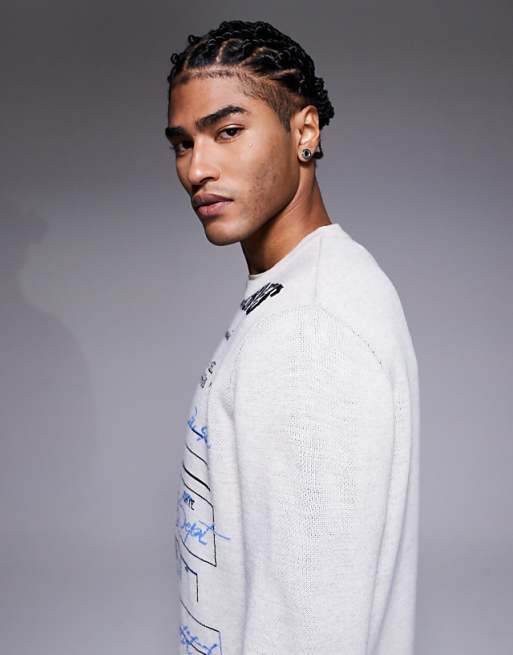 DESIGN Relaxed Knitted Jumper With Receipt Graphics In Grey