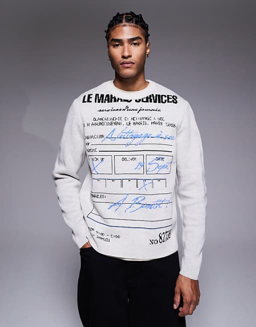DESIGN relaxed knitted jumper with receipt graphics in grey