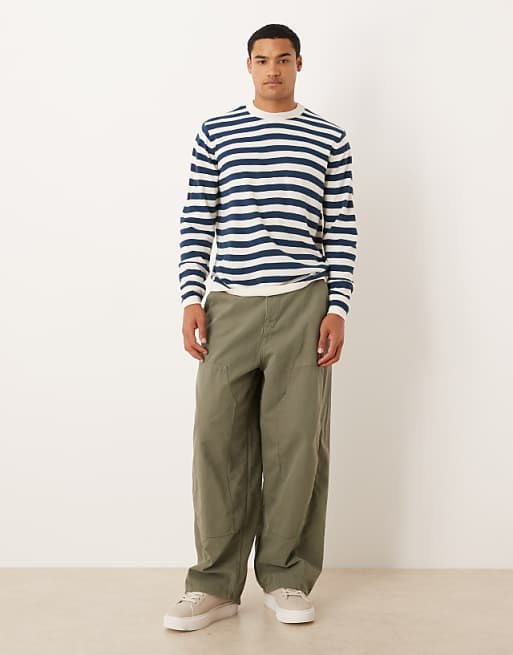 DESIGN Relaxed Knitted Long Sleeve Crew Neck T-shirt In Navy And White Stripe