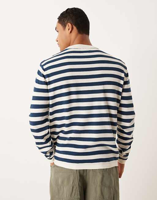 DESIGN Relaxed Knitted Long Sleeve Crew Neck T-shirt In Navy And White Stripe