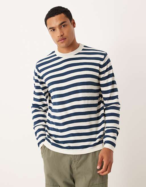 DESIGN relaxed knitted long sleeve crew neck t-shirt in navy and white stripe