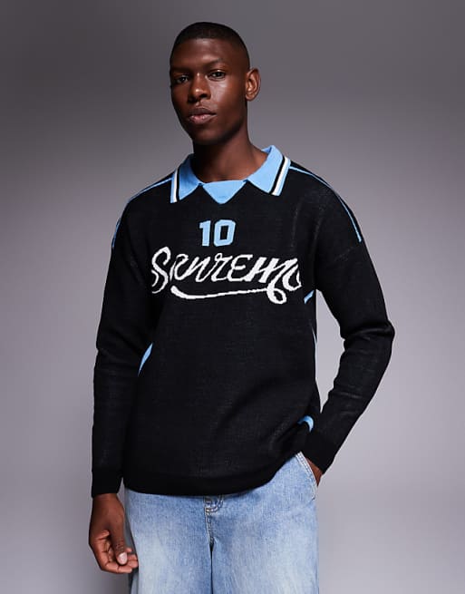 DESIGN Relaxed Knitted Long Sleeve Polo With Sport Graphic In Black