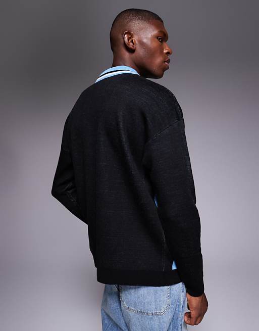 DESIGN Relaxed Knitted Long Sleeve Polo With Sport Graphic In Black