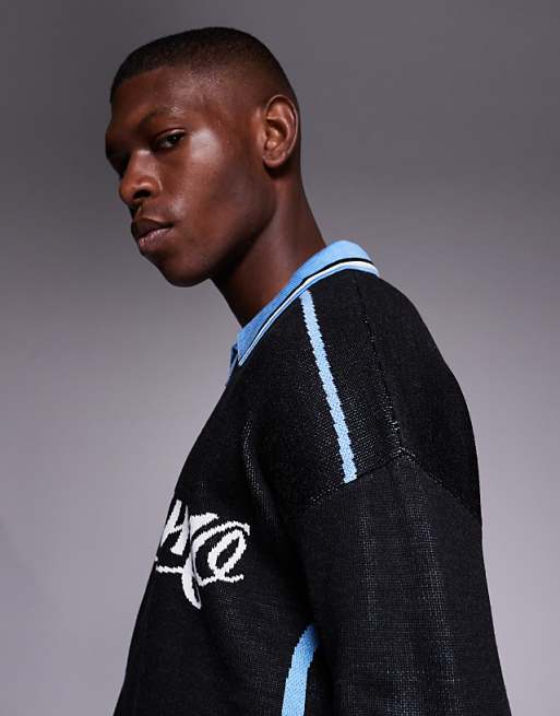DESIGN Relaxed Knitted Long Sleeve Polo With Sport Graphic In Black