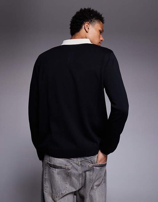 DESIGN Relaxed Knitted Long Sleeve Polo With Chest Graphic In Black