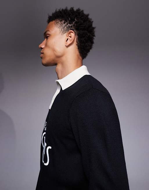 DESIGN Relaxed Knitted Long Sleeve Polo With Chest Graphic In Black