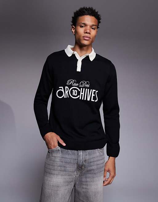 DESIGN relaxed knitted long sleeve polo with chest graphic in black