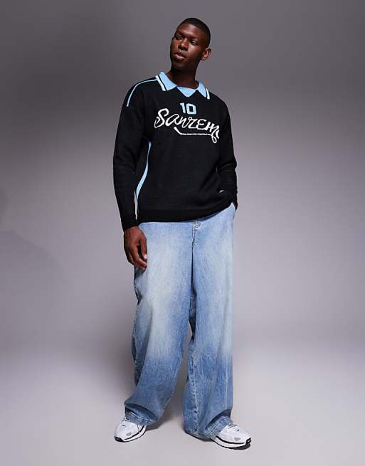 DESIGN relaxed knitted long sleeve polo with sport graphic in black