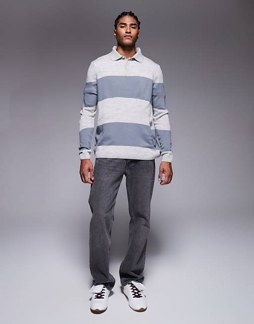 DESIGN Relaxed Knitted Long Sleeve Stripe Polo T-shirt In Cream