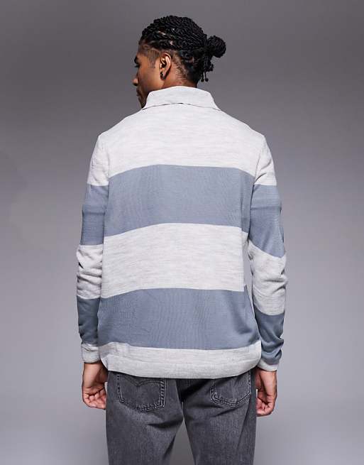 DESIGN Relaxed Knitted Long Sleeve Stripe Polo T-shirt In Cream