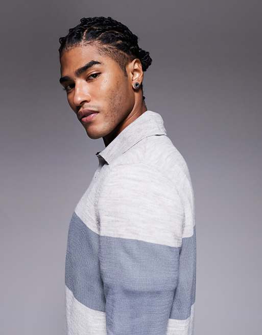 DESIGN Relaxed Knitted Long Sleeve Stripe Polo T-shirt In Cream