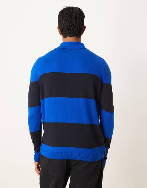 DESIGN Relaxed Knitted Long Sleeve Stripe Polo T-shirt In Navy