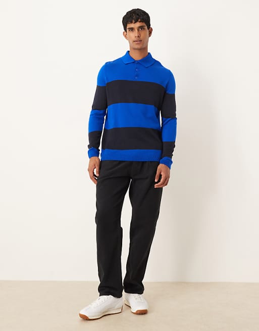 DESIGN Relaxed Knitted Long Sleeve Stripe Polo T-shirt In Navy