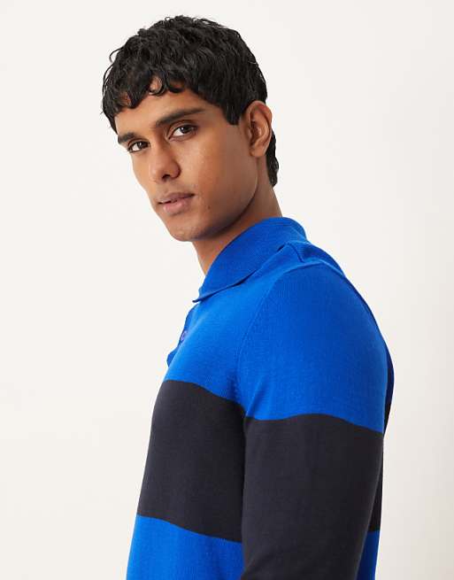 DESIGN Relaxed Knitted Long Sleeve Stripe Polo T-shirt In Navy