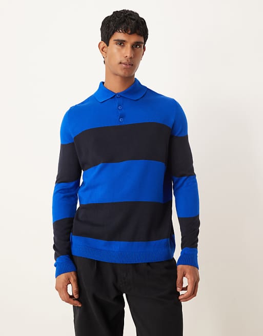 DESIGN relaxed knitted long sleeve stripe polo t-shirt in navy