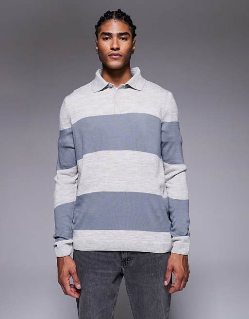 DESIGN relaxed knitted long sleeve stripe polo t-shirt in cream