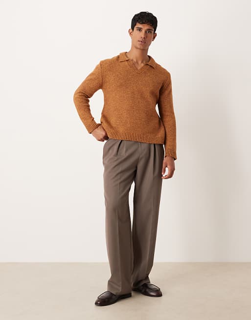 DESIGN Relaxed Knitted Notch Neck Jumper In Tan