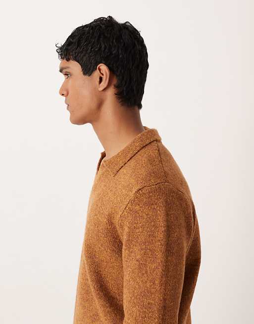 DESIGN Relaxed Knitted Notch Neck Jumper In Tan