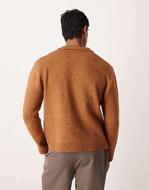 DESIGN Relaxed Knitted Notch Neck Jumper In Tan