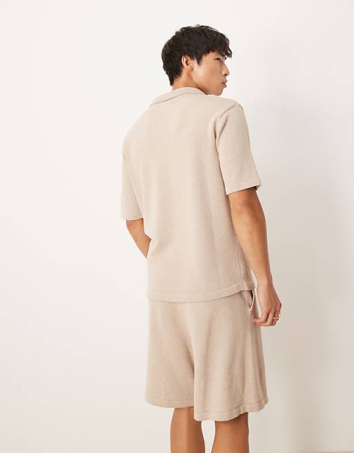 DESIGN Relaxed Knitted Notch Neck Polo Co-ord In Mink