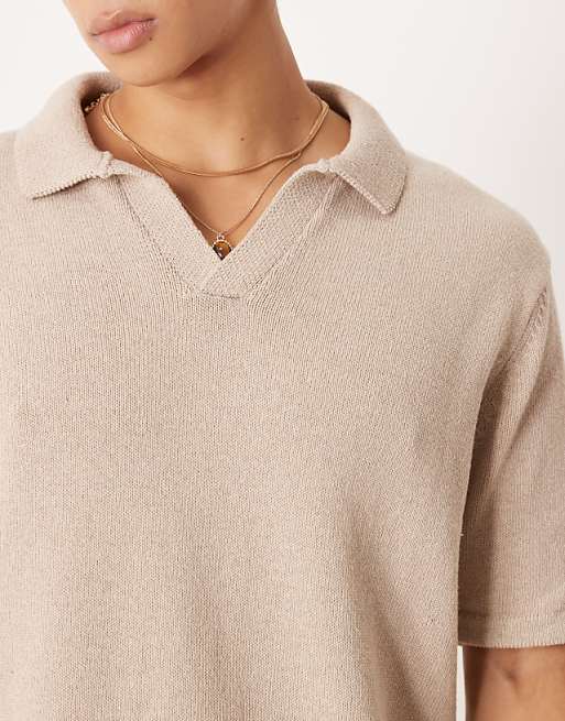 DESIGN Relaxed Knitted Notch Neck Polo Co-ord In Mink