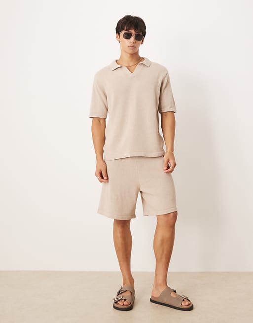 DESIGN Relaxed Knitted Notch Neck Polo Co-ord In Mink