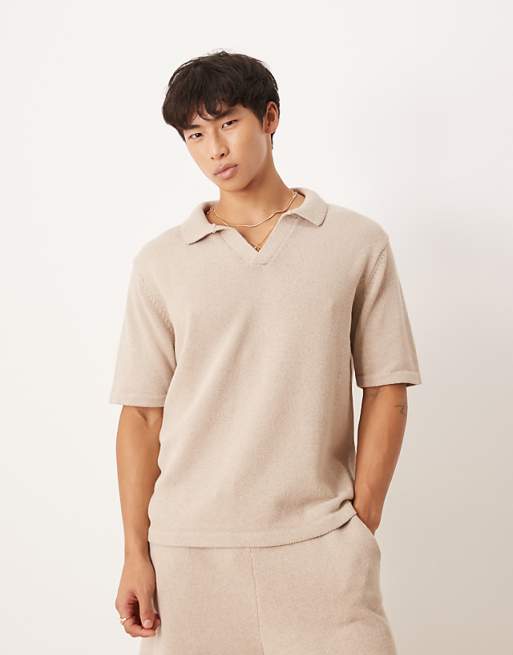 DESIGN relaxed knitted notch neck polo co-ord in mink