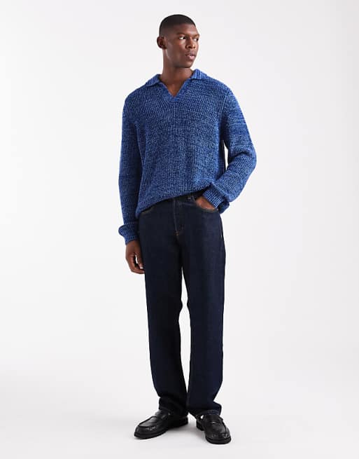 DESIGN Relaxed Knitted Notch Neck Polo In Blue Twist