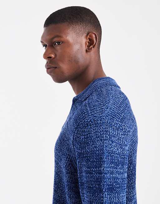 DESIGN Relaxed Knitted Notch Neck Polo In Blue Twist