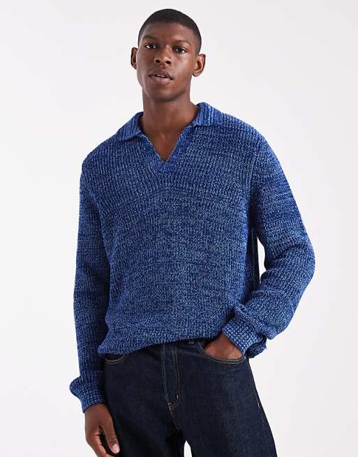 DESIGN relaxed knitted notch neck polo in blue twist