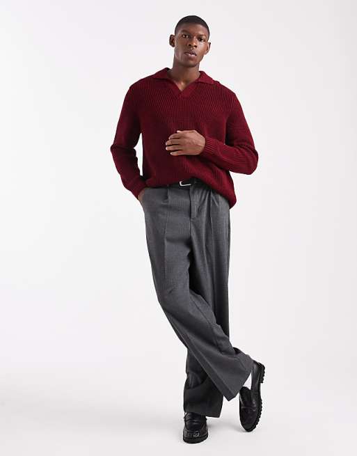 DESIGN Relaxed Knitted Notch Neck Polo In Red Twist