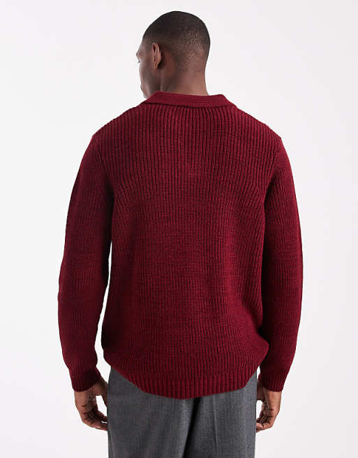 DESIGN Relaxed Knitted Notch Neck Polo In Red Twist